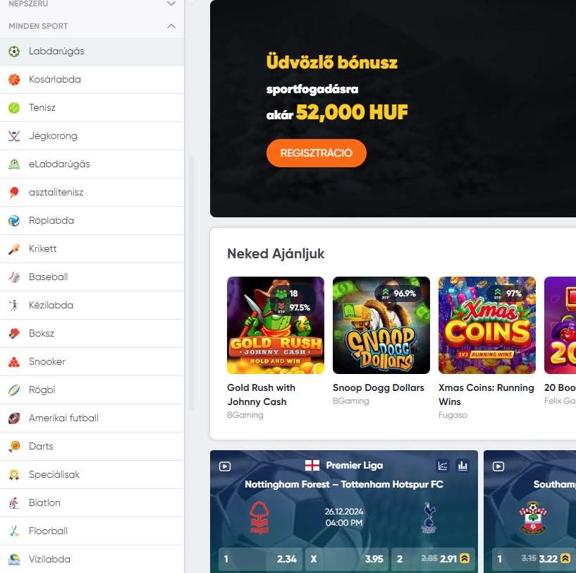 A honlapon elérhető egyéb sportágak listája