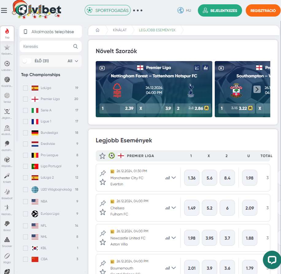 A sportfogadási részleg az összes sportággal és kiemelt mérkőzésekkel